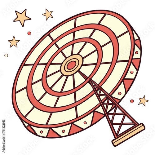 Whimsical cartoon ferris wheel with stars and dots against a white background
