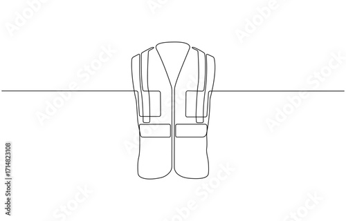 Continuous one line drawing of a high visibility safety vest workwear, industrial vest, engineer, repair, company and others, single-line vector illustration, on transparent background.
