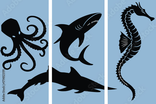 Black silhouettes of octopus shark and seahorse on light blue background octopus silhouette shark silhouette 1