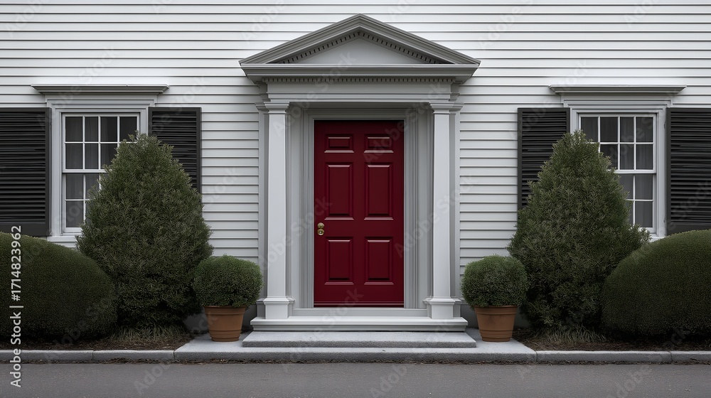 Obraz premium Front view of classic colonial house with burgundy red door and pale gray trim on white background