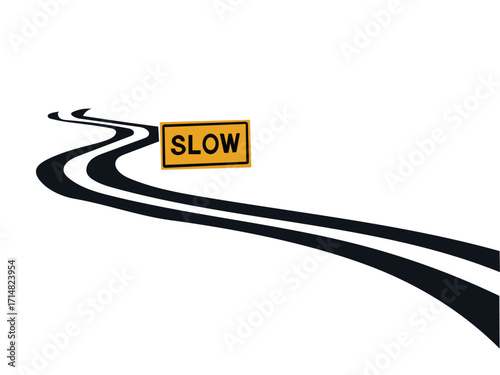 A winding road with a yellow slow sign isolated on white background. The road curves gently, and the sign is prominently displayed, warning drivers to reduce their speed.