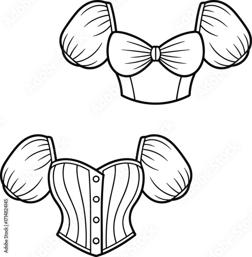 top, blouse, corset, womenswear, fashion, clothing, apparel, garment, puff, sleeve, sweetheart, neckline, knot, button, fitted, stylish, front, back, vector, illustration