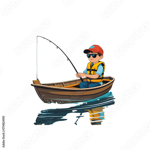 Happy Child Fishing in Rowboat Vector Illustration
