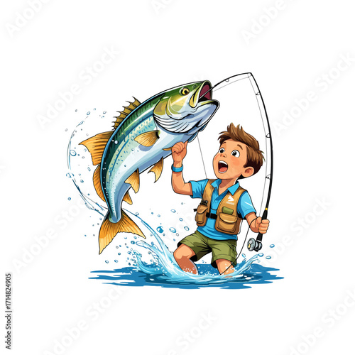 Cartoon Boy Catching Big Fish - Fishing Adventure Kids Art
