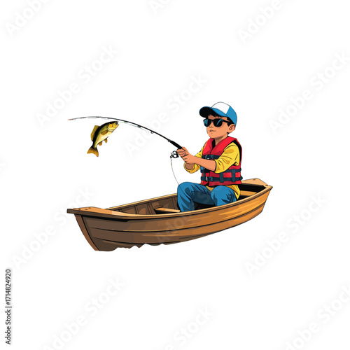 Cartoon Boy Fishing in Boat: Catching a Fish Adventure