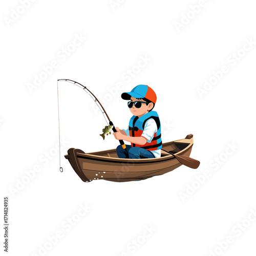 Cartoon Boy Fishing in Boat - Kids Outdoor Adventure Illustration
