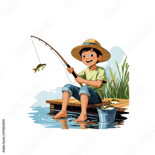 Cute Cartoon Boy Fishing on Dock with Fish

