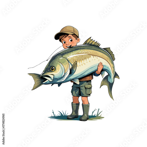 Young Boy Proudly Holding Large Bass Fish After Successful Catch