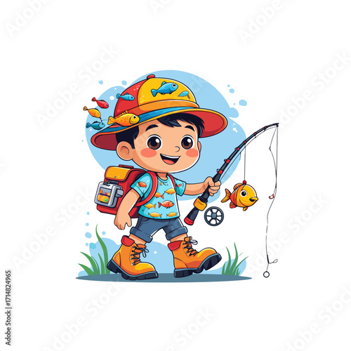 Cute Cartoon Boy Fishing | Kids Outdoor Adventure Illustration
