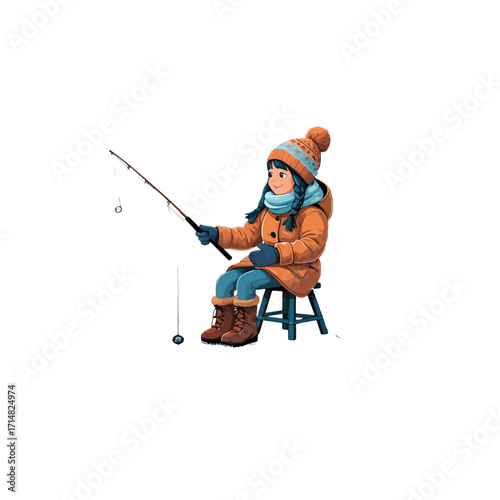 Cartoon Girl Ice Fishing | Winter Fun Illustration
