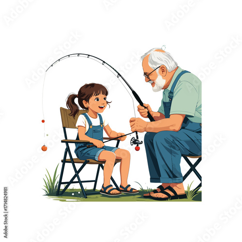 Cartoon Grandfather & Granddaughter Fishing Together – Family Fun Day