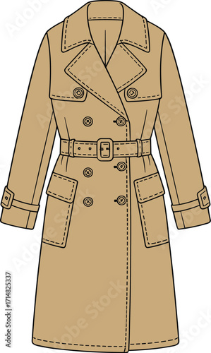 trench, coat, outerwear, fashion, clothing, apparel, garment, jacket, beige, double, breasted, lapel, collar, belt, buckle, pocket, sleeve, stylish, classic, illustration