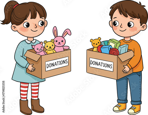 PrintCartoon children donating toys, happy boy and girl illustration, charity concept, community support, kindness, volunteer work, giving, helping others, vector art