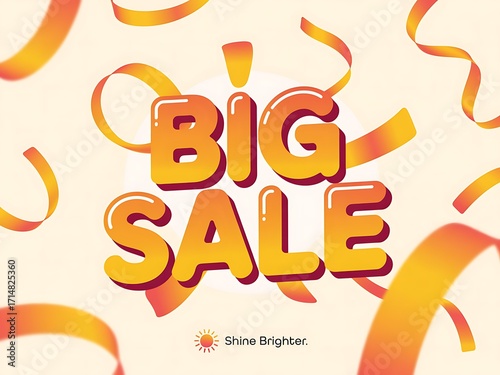 Big sale announcement with festive orange confetti and ribbons