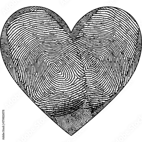 A forensic ink thumbprint forms a heart-shaped biometric mark, a black and white vector of love and identity