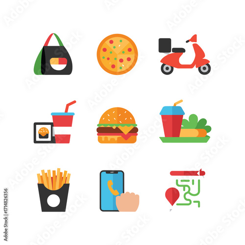 Food delivery service icons pizza burger fries scooter order map app bag drink