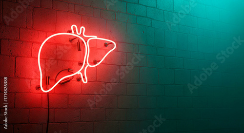 Red neon sign of a human liver on a dark brick wall with teal backlighting. Concept for liver disease awareness, health warnings, or organ donation.