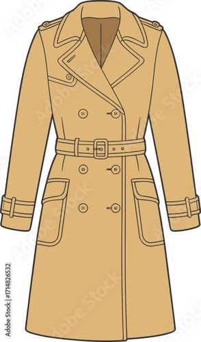 trench, coat, outerwear, fashion, clothing, apparel, garment, jacket, tan, double, breasted, lapel, collar, belt, buckle, pocket, sleeve, stylish, classic, illustration