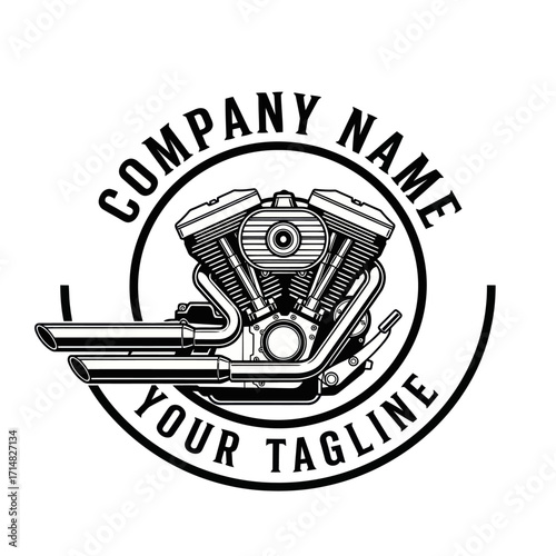 A black and white circular logo featuring a detailed illustration of a V-twin motorcycle engine with exhaust pipes and the text "COMPANY NAME YOUR TAGLINE" around it.