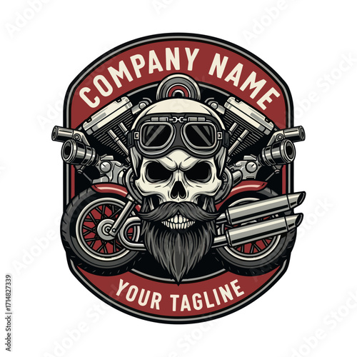Skull biker logo with motorcycle, engine, and beard illustration.