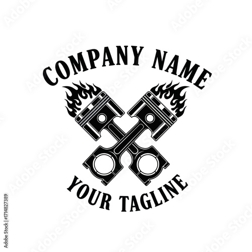 Black and white logo design featuring two crossed engine pistons with flames, suitable for automotive businesses.