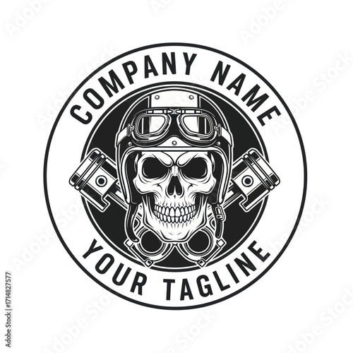 Vintage monochrome motorcycle club emblem with a skull in a helmet and crossed pistons.