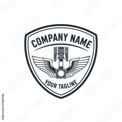 Motorcycle piston with wings logo design in shield shape.