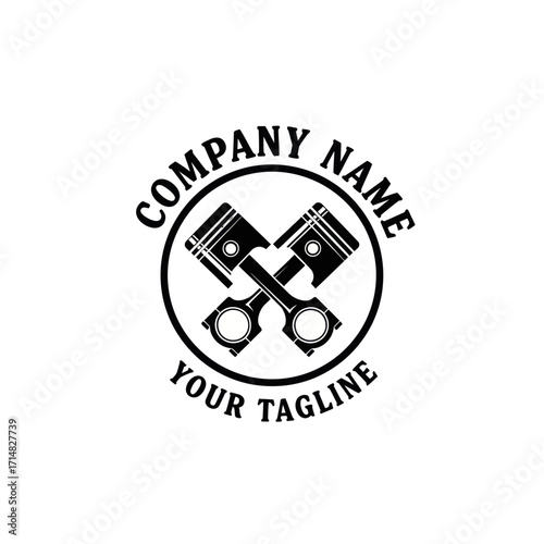 A black and white logo template featuring two crossed pistons inside a circular frame with placeholder text.