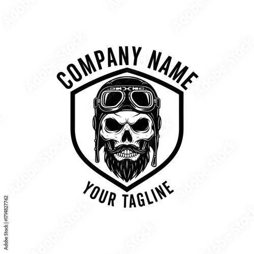 Skull with aviator helmet and beard logo design in black and white.
