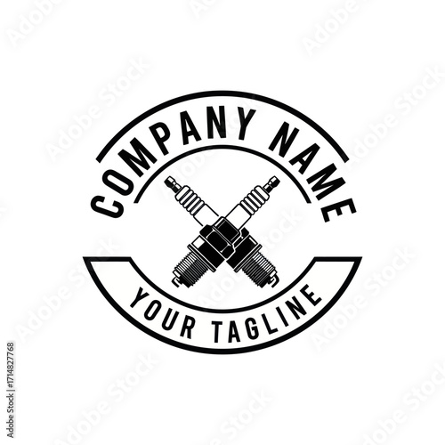 Vintage style logo design featuring crossed spark plugs, enclosed in a circular frame with company name and tagline.