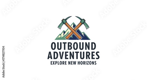 Outbound Adventures logo featuring crossed pickaxes over mountains with the tagline "Explore New Horizons".