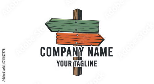 Wooden signpost with green and orange arrows, company name and tagline.