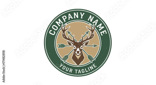 A rustic circular logo featuring a majestic deer head with antlers and crossed arrows.