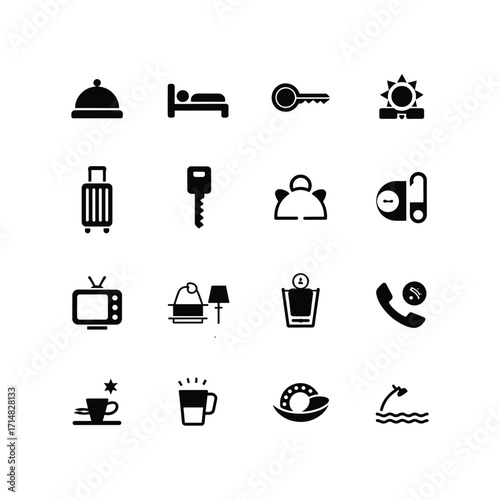 Collection of hotel service icons representing comfort amenities and travel essentials for guests