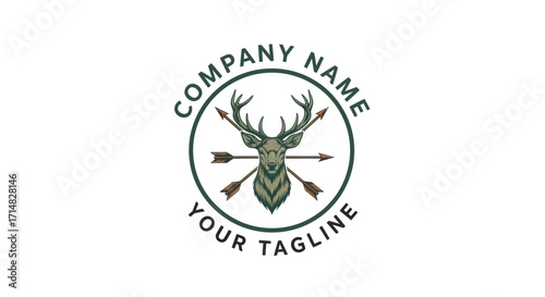 Circular logo featuring a deer head with arrows, surrounded by text, suitable for branding.