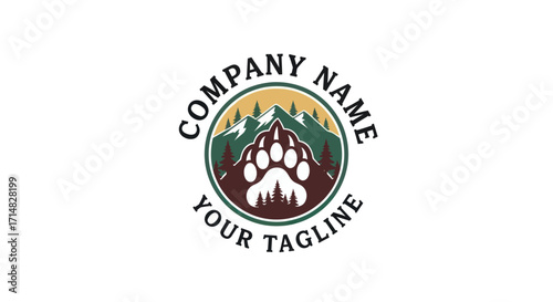 Circular logo with a bear paw print over a mountain range and forest, with placeholder text for company name and tagline.