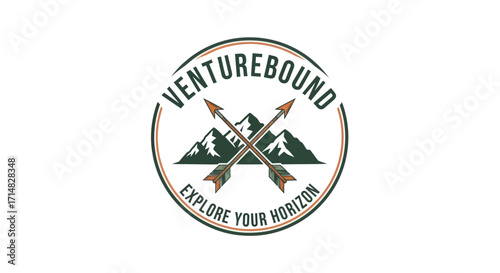 Venturebound circular logo with crossed arrows over mountains and 'Explore Your Horizon' motto on a white background.