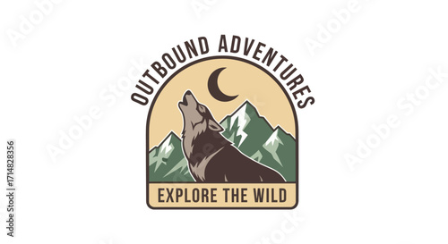 The logo features a howling wolf under a crescent moon, with mountains in the background, and text that says 'Outbound Adventures' and 'Explore the Wild'.