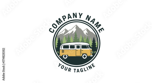 Vintage camper van in mountain landscape logo.