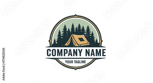 Vintage camping logo with tent in forest.