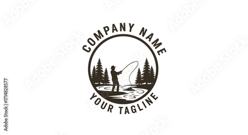 Logo design featuring a fisherman casting a line in a scenic outdoor environment with trees.