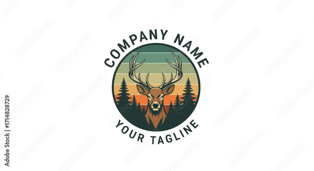 Fototapeta premium Vintage logo featuring a deer in a forest at sunset.