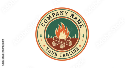 A circular logo featuring a campfire with flames and logs, surrounded by pine trees and text for company name and tagline.
