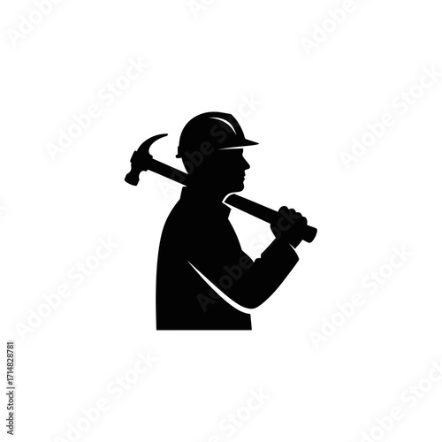 Silhouette of a construction worker wearing a hard hat and carrying a hammer over their shoulder, symbolizing labor and craftsmanship.