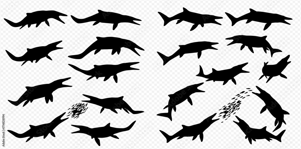 Fototapeta premium Black silhouettes of prehistoric marine reptiles and shark-like creatures in various dynamic poses, some with open mouths and water spray.
