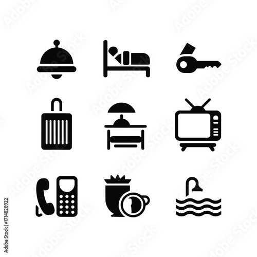Collection of nine black hotel service icons representing amenities and guest services for travel and hospitality