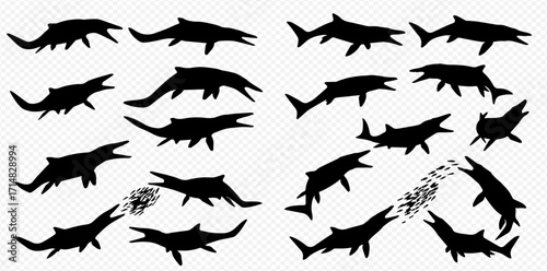 Black silhouettes of prehistoric marine reptiles and shark-like creatures in various dynamic poses, some with open mouths and water spray.