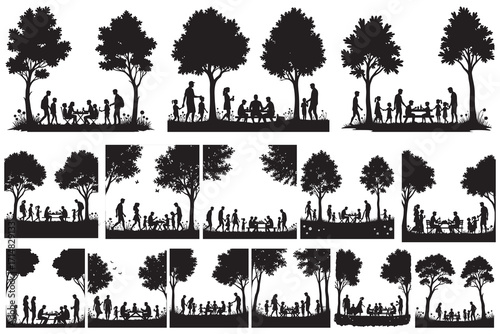 Silhouettes of families enjoying picnics and outdoor activities under trees