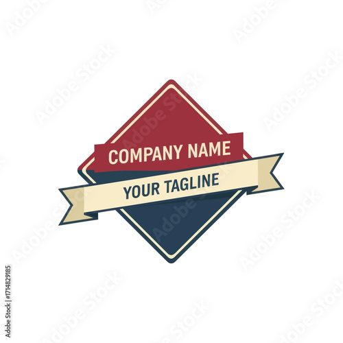 A rhombus-shaped logo with a red upper diamond and a blue lower diamond, featuring a banner with text.