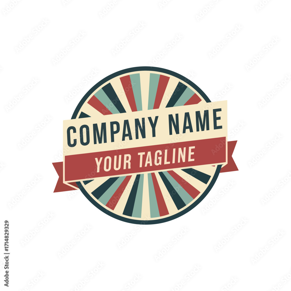 Obraz premium Retro logo with sunburst pattern and banner for company name and tagline.